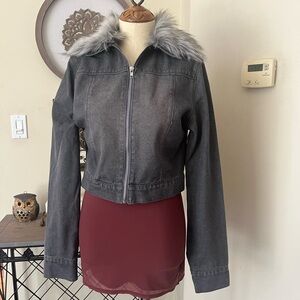 PrettyLittleThing Gray Jean Jacket with Faux Fur Collar